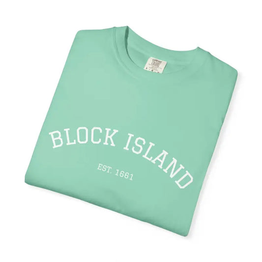 Light green crewneck T-shirt with BLOCK ISLAND EST 1861 printed on the front