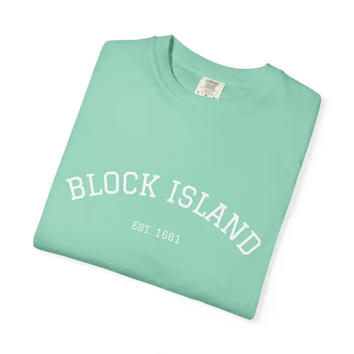 Island Reef Block Island Est. 1661 T-shirt with white lettering, folded view