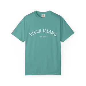 Teal short-sleeve crewneck T-shirt with white BLOCK ISLAND EST 1881 print