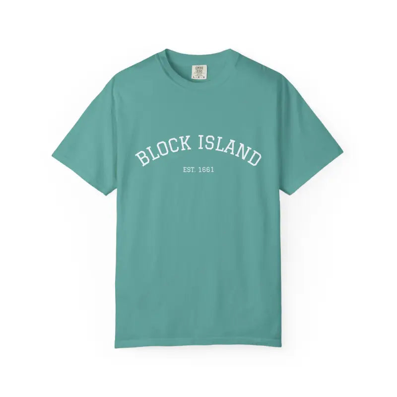 Teal short-sleeve crewneck T-shirt with white BLOCK ISLAND EST 1881 print