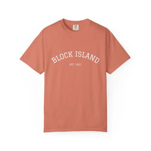Muted reddish-orange Block Island short-sleeved crewneck T-shirt with EST 1661 print