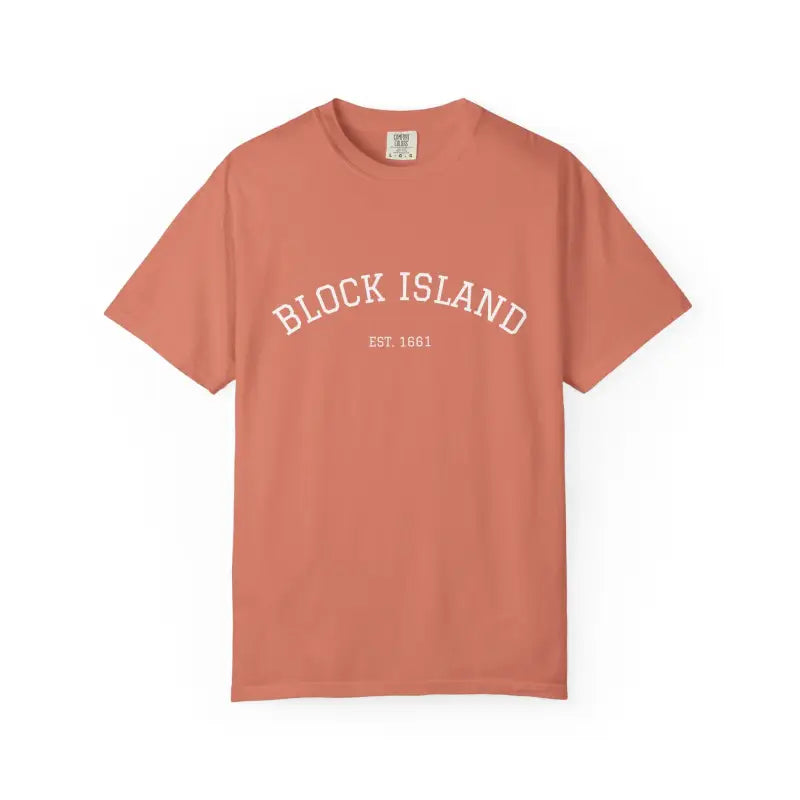 Muted reddish-orange Block Island short-sleeved crewneck T-shirt with EST 1661 print