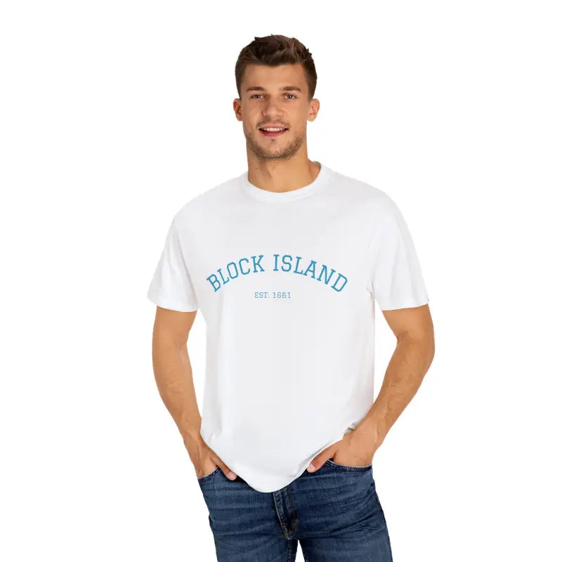 White short-sleeved crewneck T-shirt with blue BLOCK ISLAND EST 1661 design