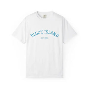 White short-sleeved crewneck T-shirt with BLOCK ISLAND EST 1661 printed on front