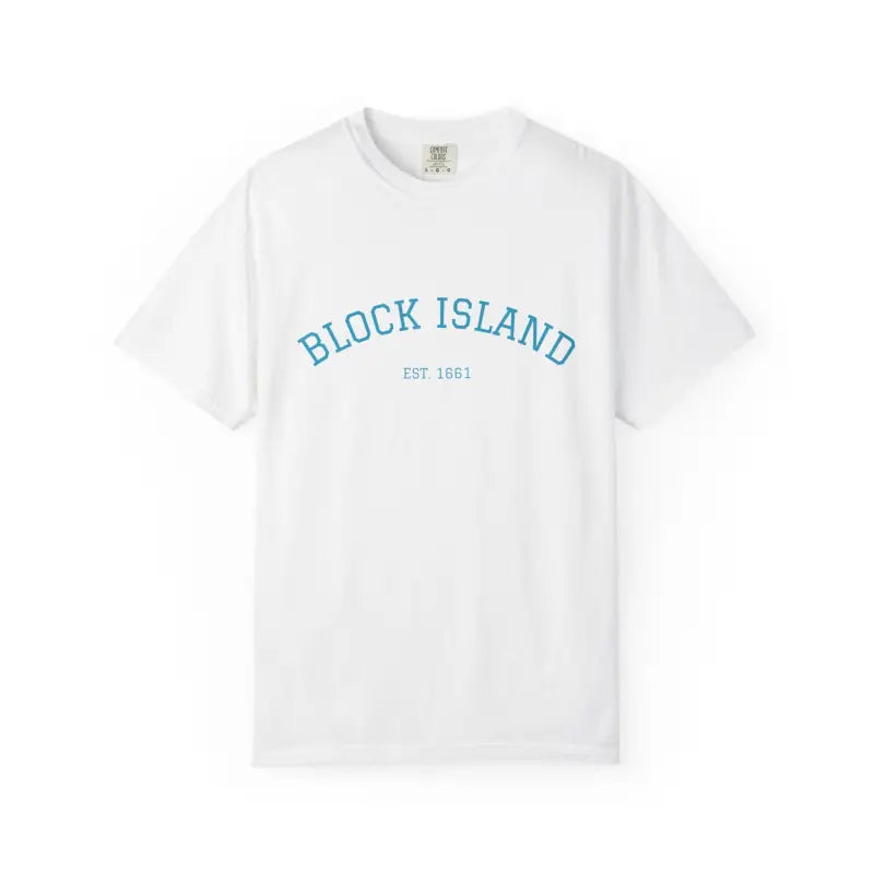 White short-sleeved crewneck T-shirt with BLOCK ISLAND EST 1661 printed on front