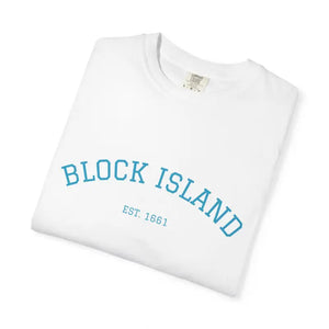 White short-sleeve crewneck T-shirt with Block Island Est 1661 in blue text