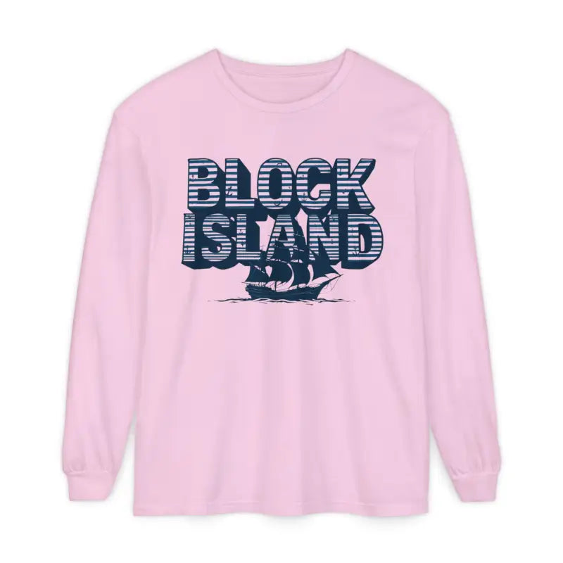 Pink long-sleeved shirt featuring Block Island and ship graphic for coastal lovers