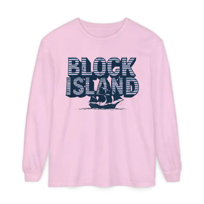 Pink long-sleeved shirt featuring Block Island and ship graphic for coastal lovers