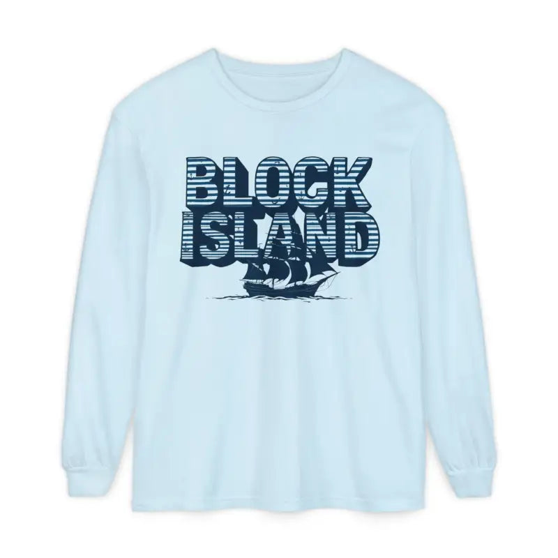 Light blue long-sleeved Block Island shirt featuring a ship design for coastal lovers