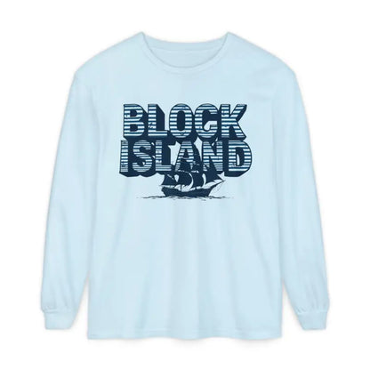 Light blue long-sleeved Block Island shirt featuring a ship design for coastal lovers