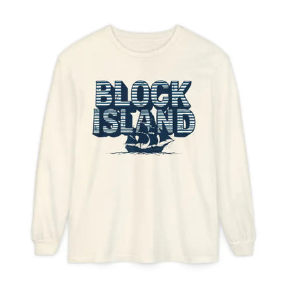 Long-sleeved Block Island shirt featuring ship graphic for coastal lovers