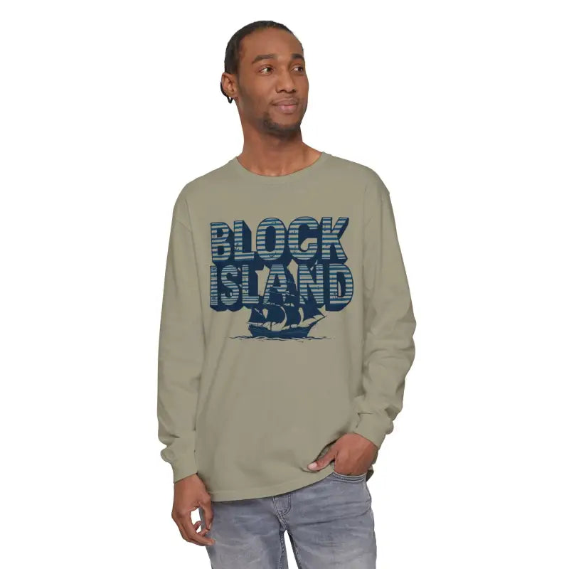 Long-sleeved Block Island shirt featuring a ship graphic for coastal lovers
