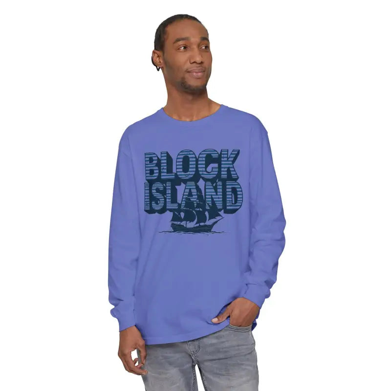 Man in blue long-sleeved shirt from Block Island Long Sleeve Shirt Unisex Coastal Lovers Tee