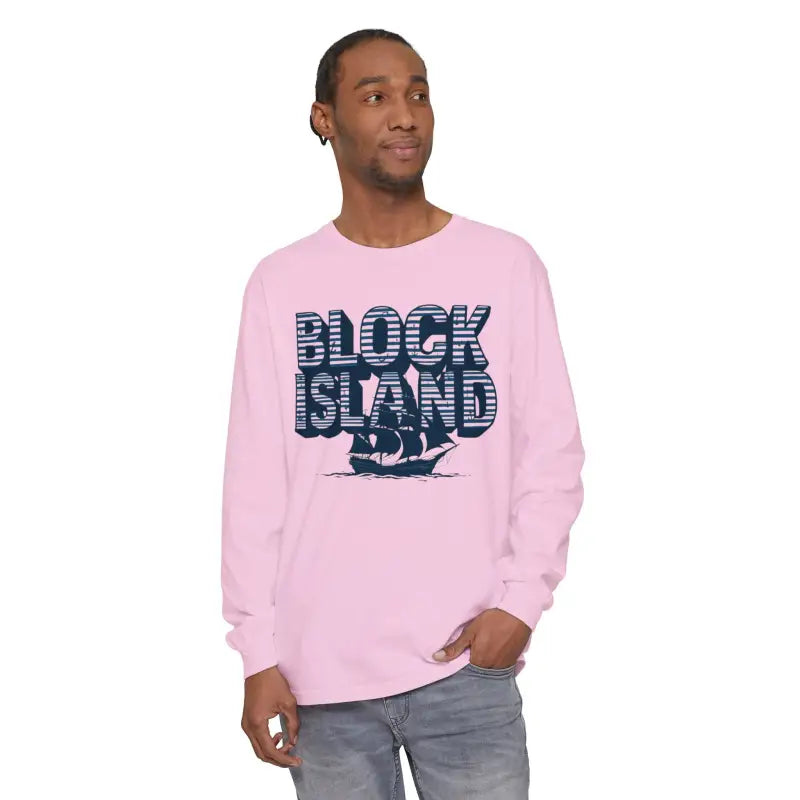 Pink long-sleeved Block Island Long Sleeve Shirt for coastal lovers, unisex design