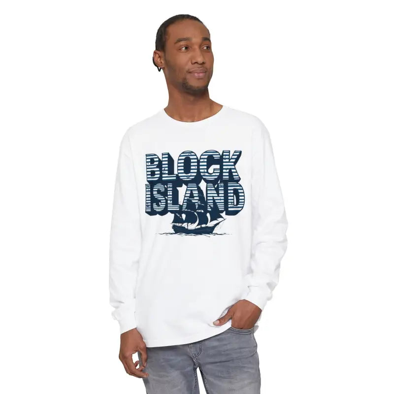 White long-sleeved Block Island design shirt for unisex coastal lovers