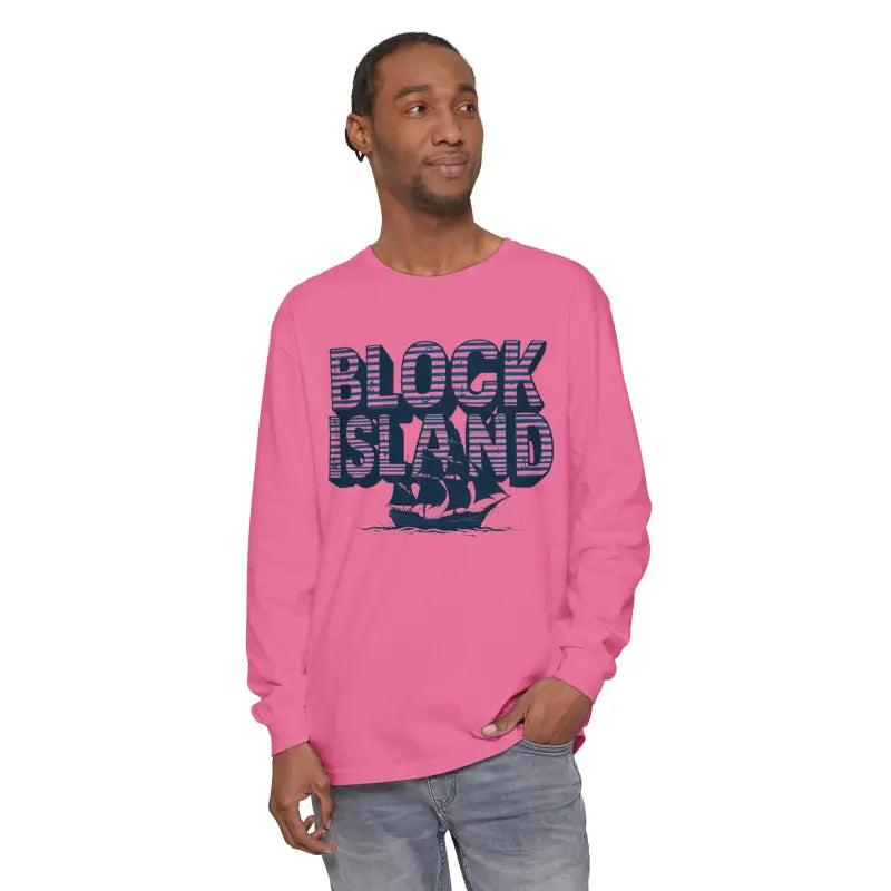 Pink long-sleeved Block Island Long Sleeve Shirt Unisex Coastal Lovers Tee