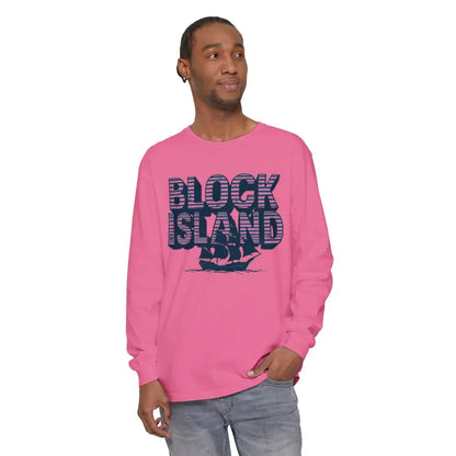 Pink long-sleeved Block Island Long Sleeve Shirt Unisex Coastal Lovers Tee