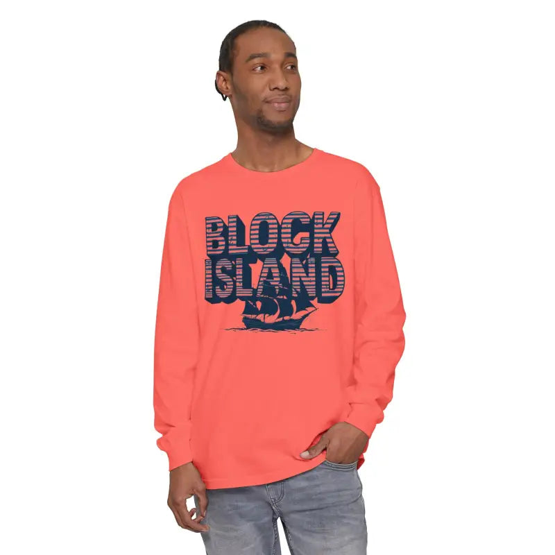 Coral long-sleeved shirt featuring Block Island graphic for coastal lovers