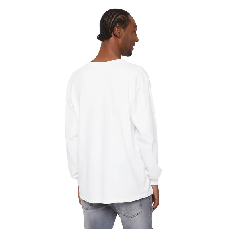Man in white long-sleeved shirt and gray jeans wearing Block Island Long Sleeve Shirt