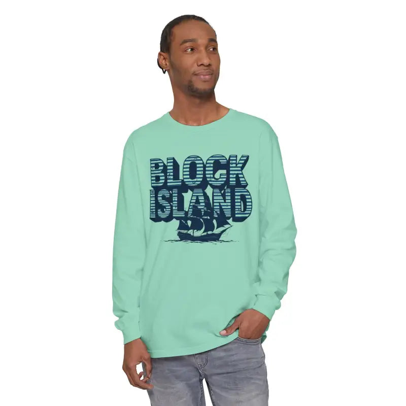 Long-sleeved Block Island design shirt for coastal lovers, unisex fit tee