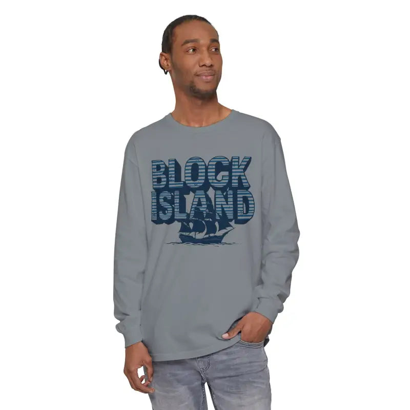 Gray long-sleeved Block Island shirt featuring a ship graphic for coastal lovers