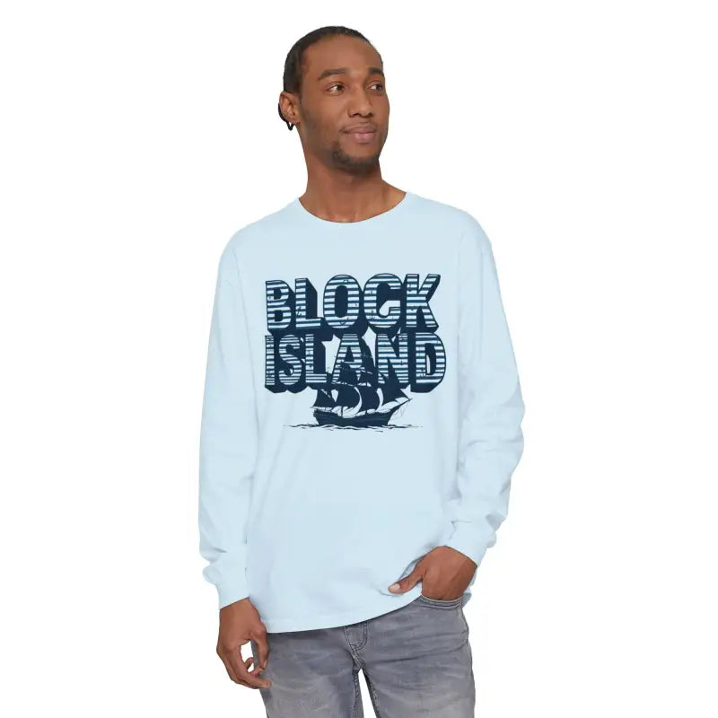 Light blue long-sleeved Block Island Long Sleeve Shirt for unisex coastal lovers