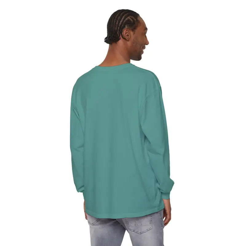 Turquoise long-sleeved Block Island unisex coastal lovers tee shirt displayed
