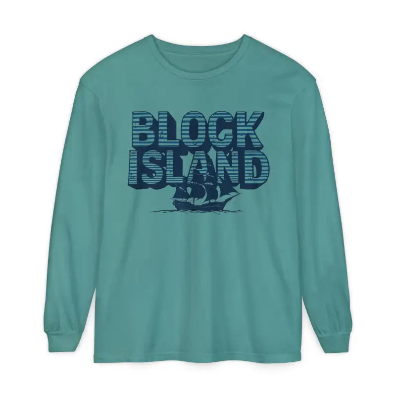 Teal long-sleeved shirt featuring Block Island text and ship graphic for coastal lovers