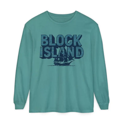 Teal long-sleeved shirt featuring Block Island text and ship graphic for coastal lovers