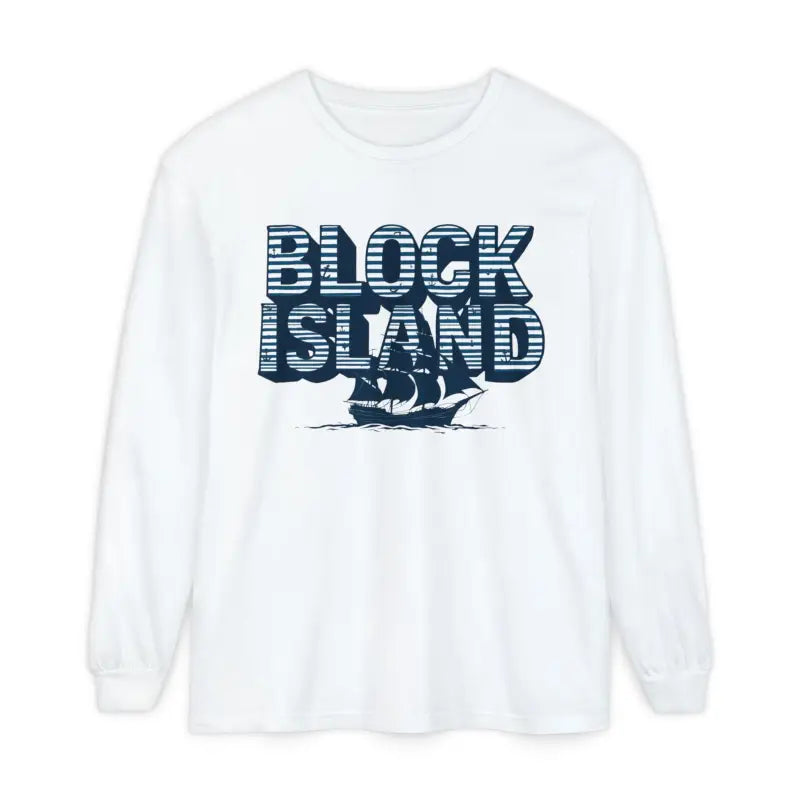 White long-sleeved Block Island Long Sleeve Shirt for unisex coastal lovers