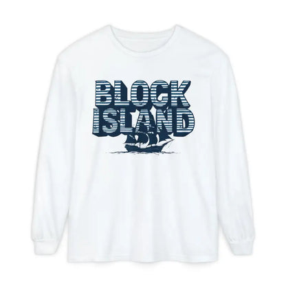 White long-sleeved Block Island Long Sleeve Shirt for unisex coastal lovers