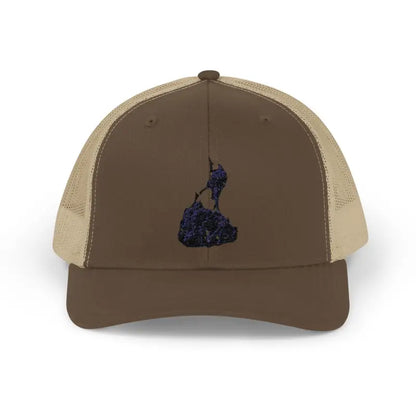 Brown and beige Block Island Porkchop Snapback Trucker Cap with embroidered design