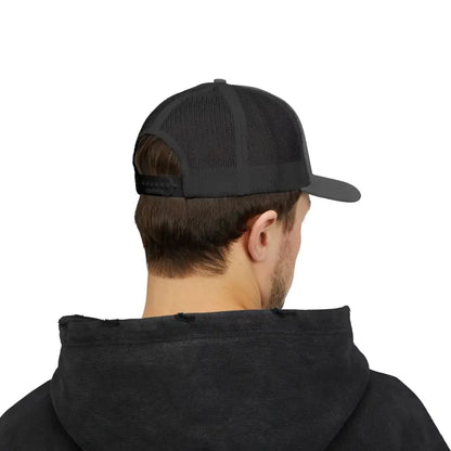 Black mesh trucker hat featured in the Block Island Porkchop Snapback Trucker Cap