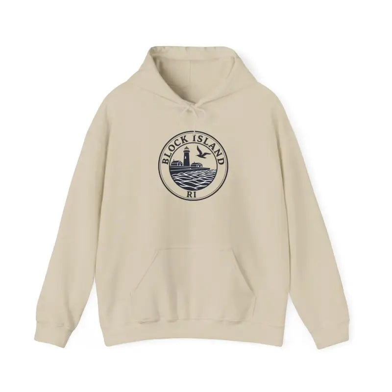 Block Island RI Lighthouse and Seagull Graphic Hoodies in Neutral Shades - Ocean State Styles