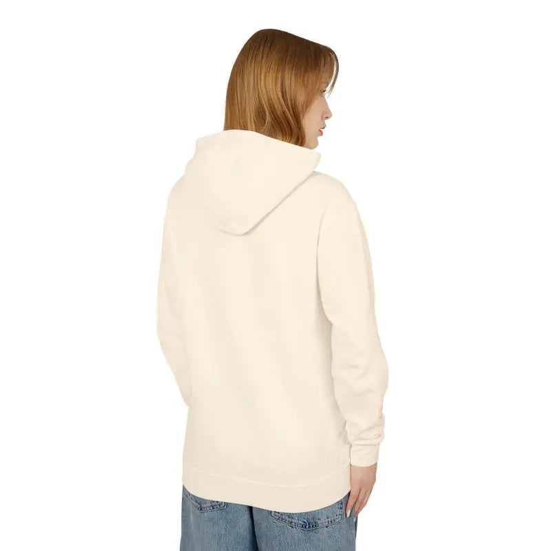 Cream-colored hooded sweatshirt featuring Block Island RI Lighthouse design