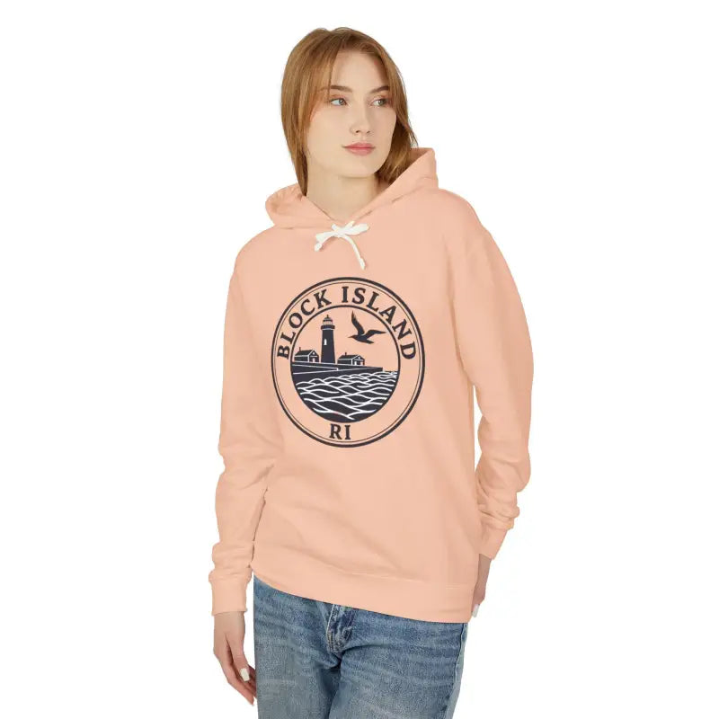 Peach-colored hoodie featuring Block Island RI Lighthouse design in a cozy sweatshirt