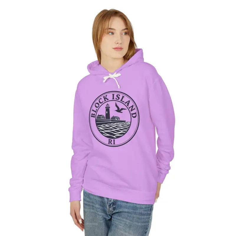 Lavender hoodie featuring Block Island RI Lighthouse design for cozy style