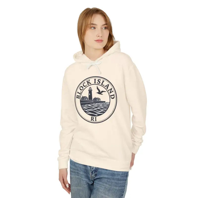 Cream-colored hoodie featuring Block Island RI Lighthouse design for stylish comfort