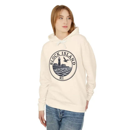 Cream-colored hoodie featuring Block Island RI Lighthouse design for stylish comfort