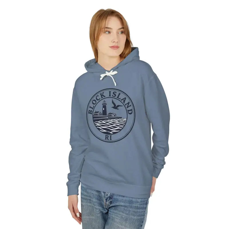 Blue Hooded Sweatshirt featuring Block Island RI Lighthouse design for stylish comfort