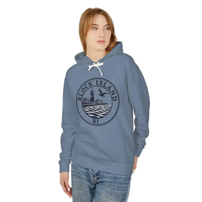 Blue Hooded Sweatshirt featuring Block Island RI Lighthouse design for stylish comfort