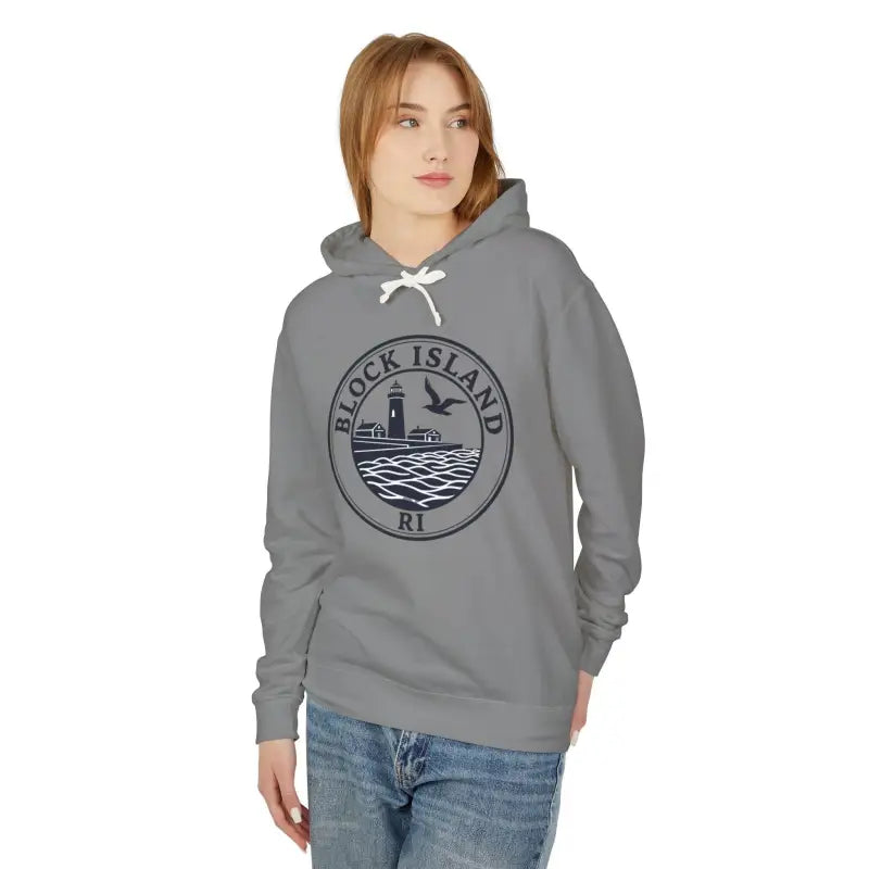 Gray hoodie featuring Block Island design from Block Island RI Lighthouse Hooded Sweatshirt