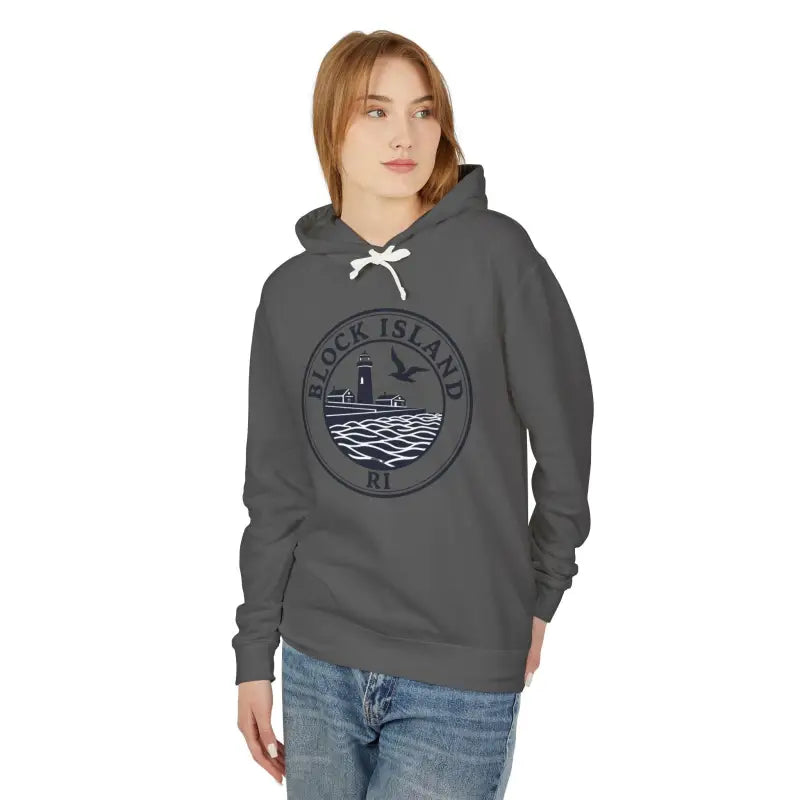 Gray hooded sweatshirt featuring Block Island RI Lighthouse design