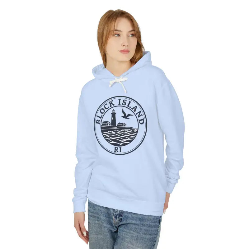 Light blue Block Island RI Lighthouse Hooded Sweatshirt for casual wear