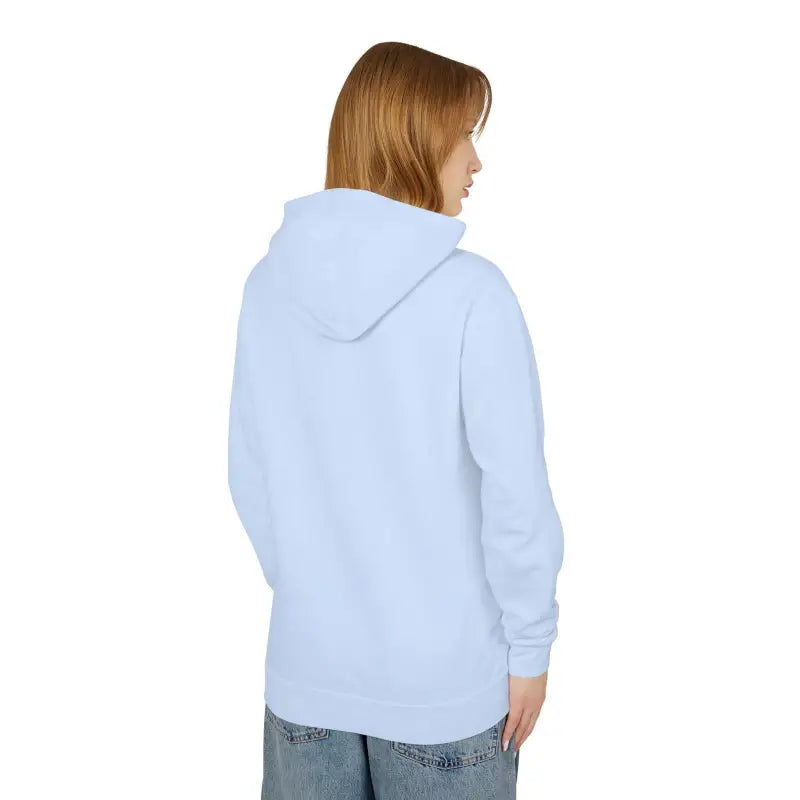 Light blue hooded sweatshirt featuring Block Island RI Lighthouse design