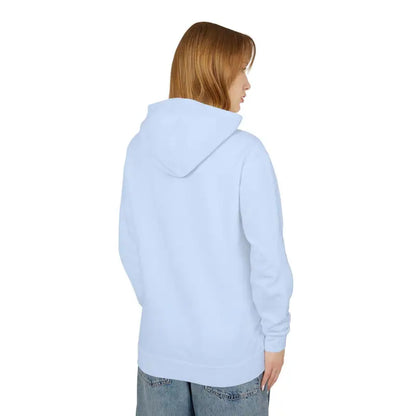 Light blue hooded sweatshirt featuring Block Island RI Lighthouse design