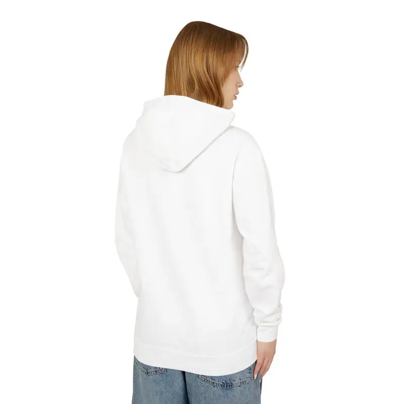 White hooded sweatshirt featuring Block Island RI Lighthouse design for casual wear