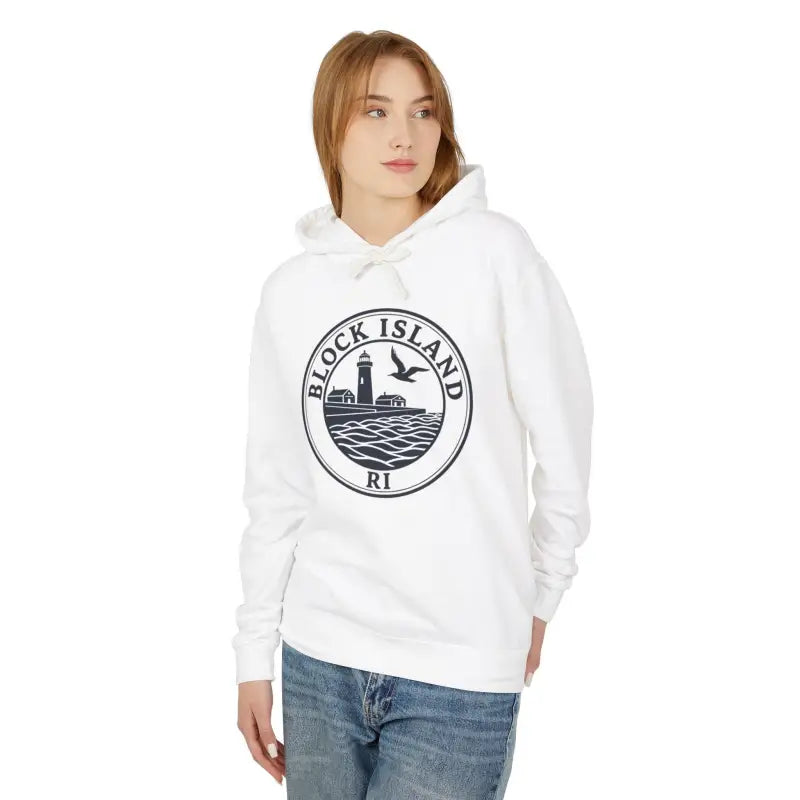 White hoodie featuring Block Island design from the Block Island RI Lighthouse collection