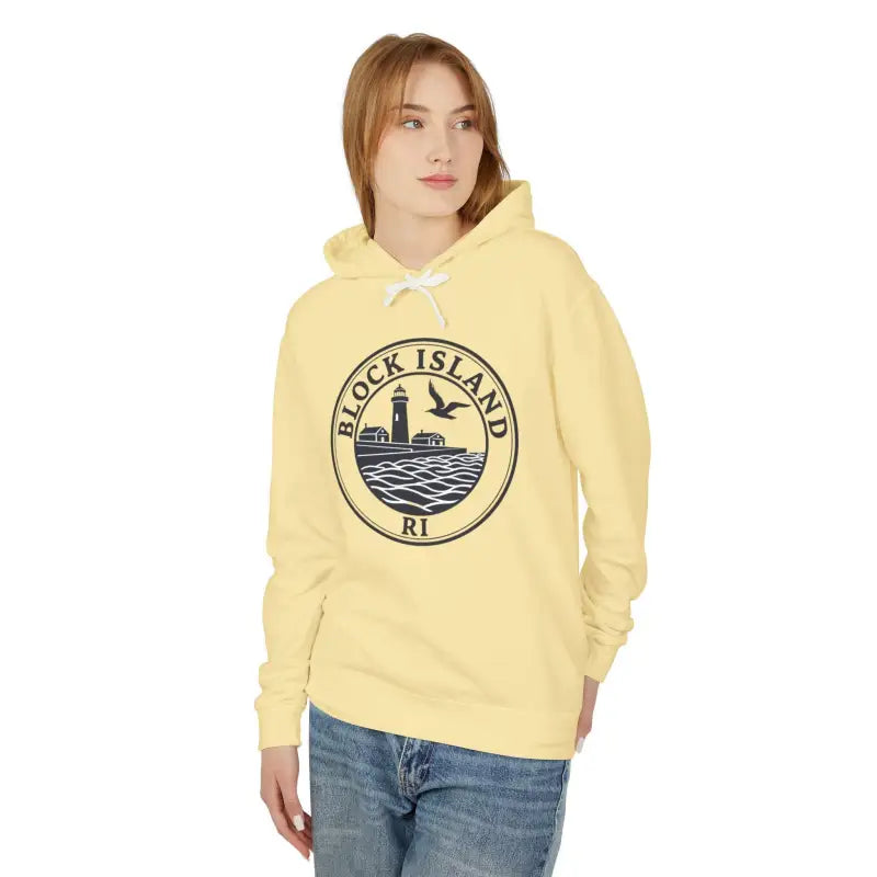 Yellow hoodie featuring Block Island design from the Block Island RI Lighthouse collection