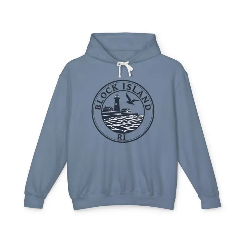 Blue Block Island hoodie featuring the Block Island RI Lighthouse design on sweatshirt
